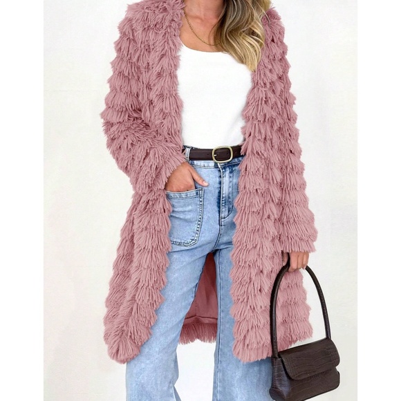 Cozy Pink Vegan Fur Open Front Loose Fit Jacket Coat